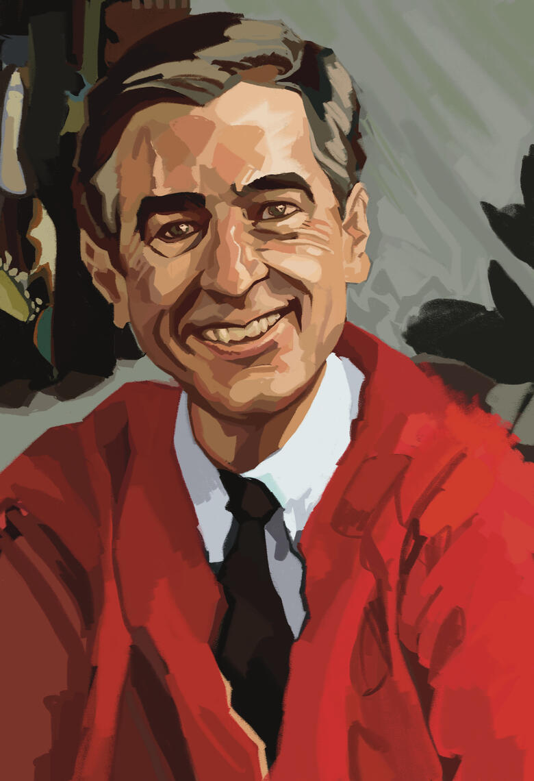 A portrait of Mr. Fred Rogers in a red sweater.