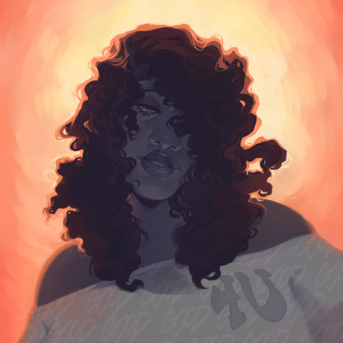 Highly contrasted portrait of a woman looking upon the viewer in a neutrally pleasant manner.