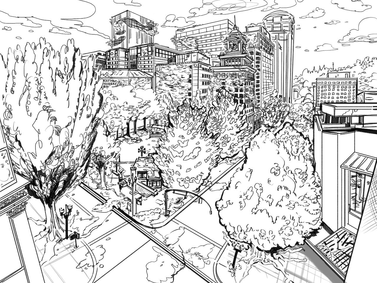 Pioneer Courthouse Square shown from the Southwestern section as a lined illustration.