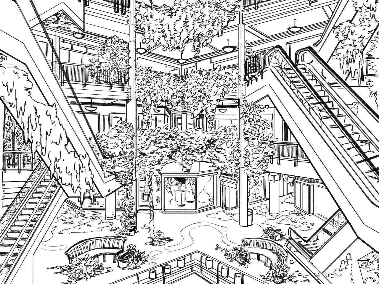 The inside of the pioneer square mall with bounds of vegetation as a lined illustration.