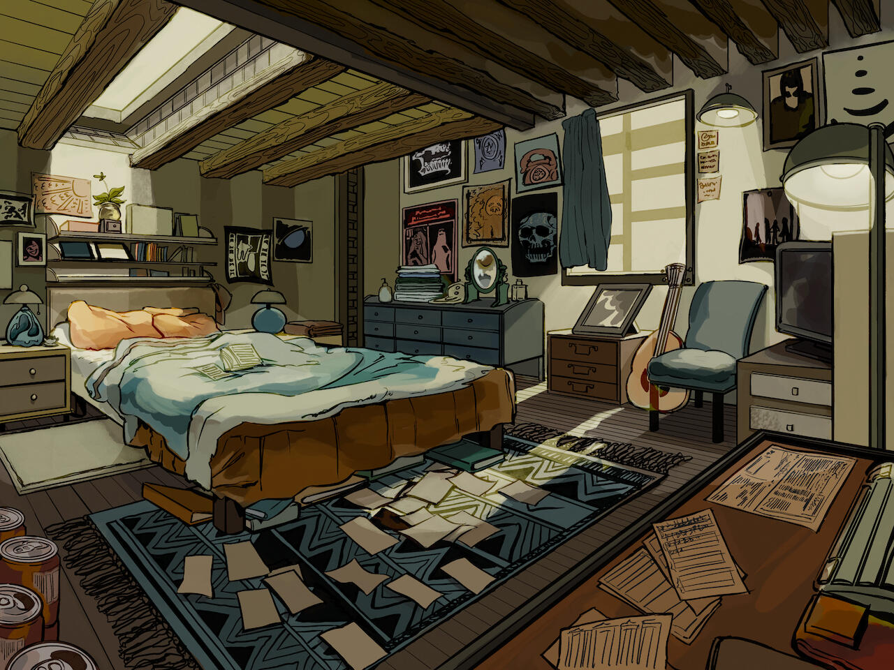A colored illustration of a cluttered lofted bedroom.
