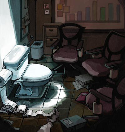 A toilet stands illuminated facing three office chairs with a tile flooring.