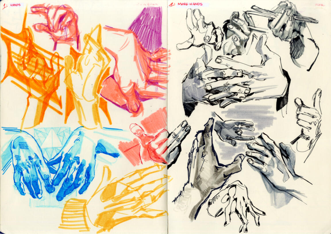 A sketched array of hands splitting between color and greyscale at the gutter.