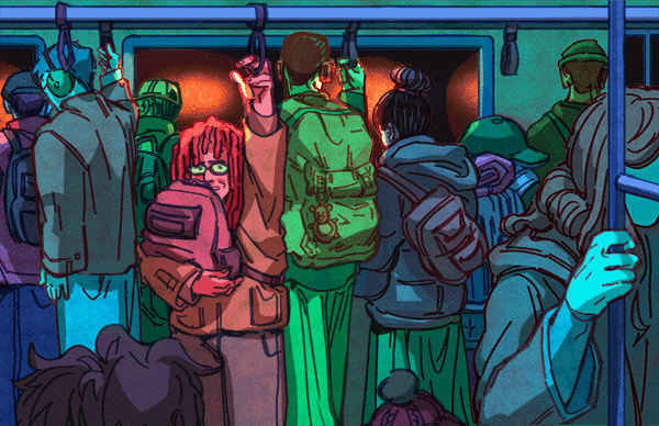 An illustrated gif of a character traveling in a crowded train.